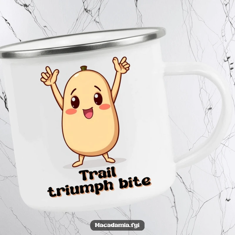 Funny macadamia nut character doing a triumphant dance on a camping mug, arms raised high in celebration, an adventurous funny gift.