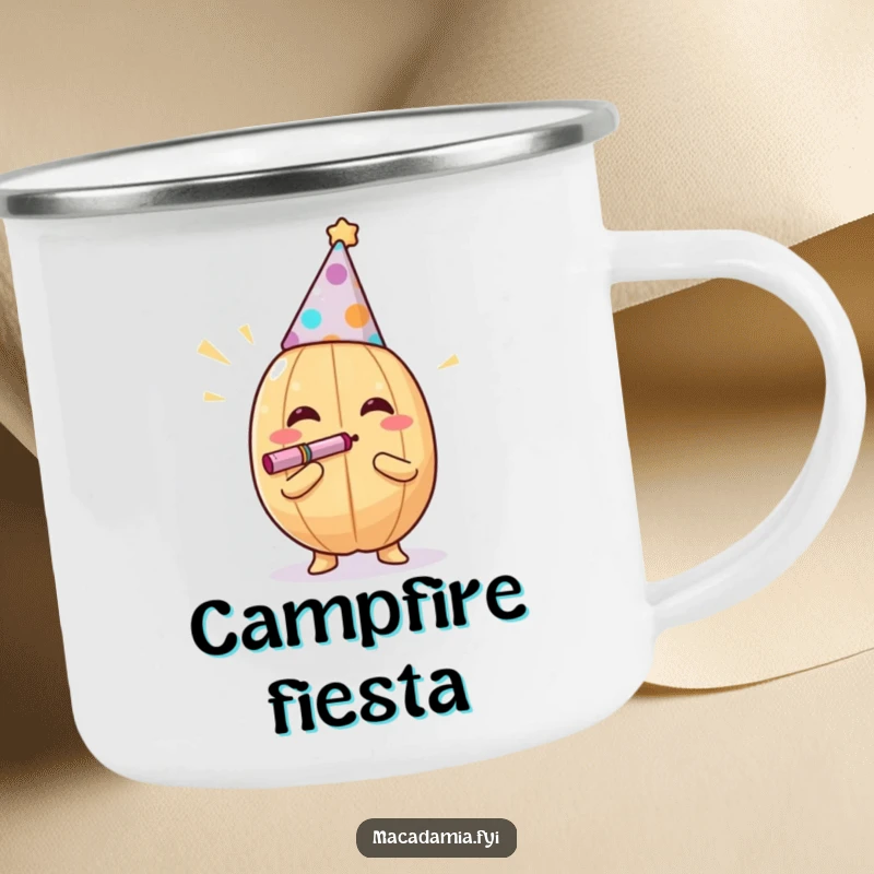 Funny macadamia nut blowing a noisemaker on a rustic camping mug, perfect for outdoor parties, a funny gift.