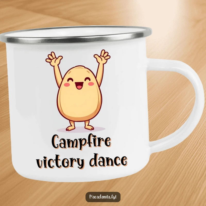 Funny Macadamia Nut Camping Mug showcasing a happy nut doing a triumphant dance with arms raised high.