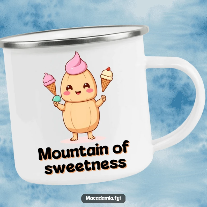 Funny kawaii macadamia nut juggling three tiny ice cream cones in this durable camping mug, ready for adventure.