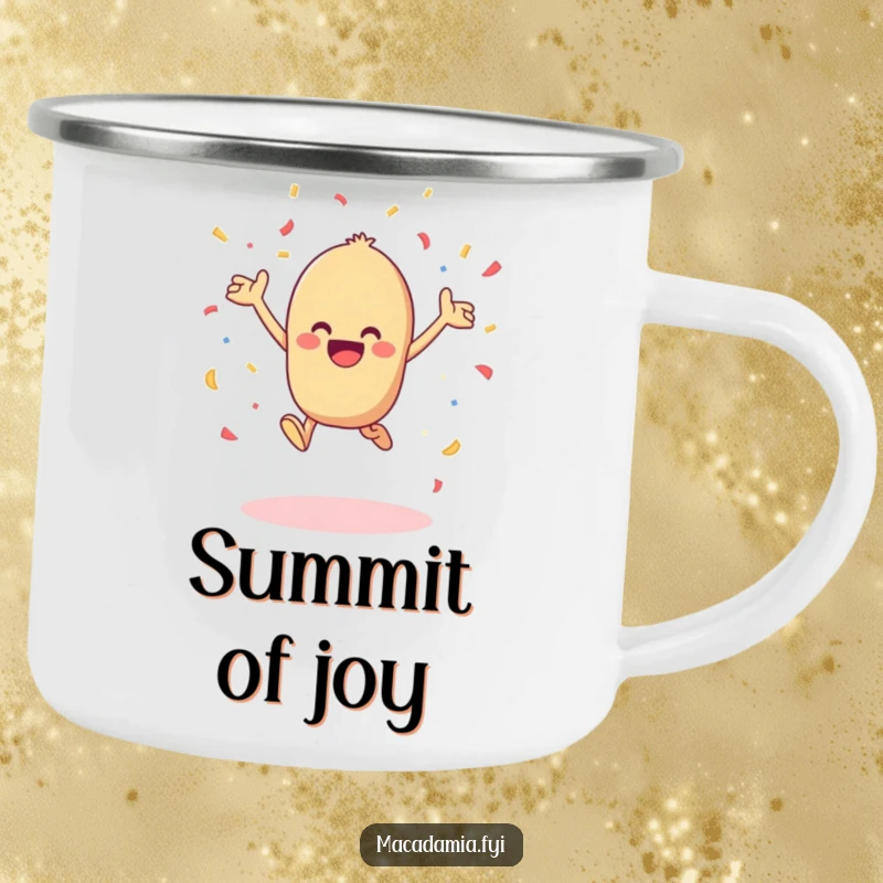 Funny kawaii macadamia nut leaping with joy and tossing confetti in the air in this durable humorous camping mug.