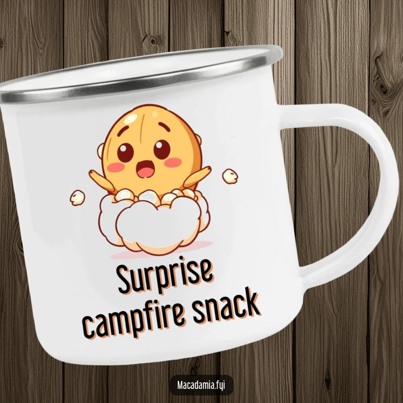 Funny camping mug featuring a macadamia nut character bursting from a popcorn kernel with a surprised grin, for surprising outdoor enjoyment.