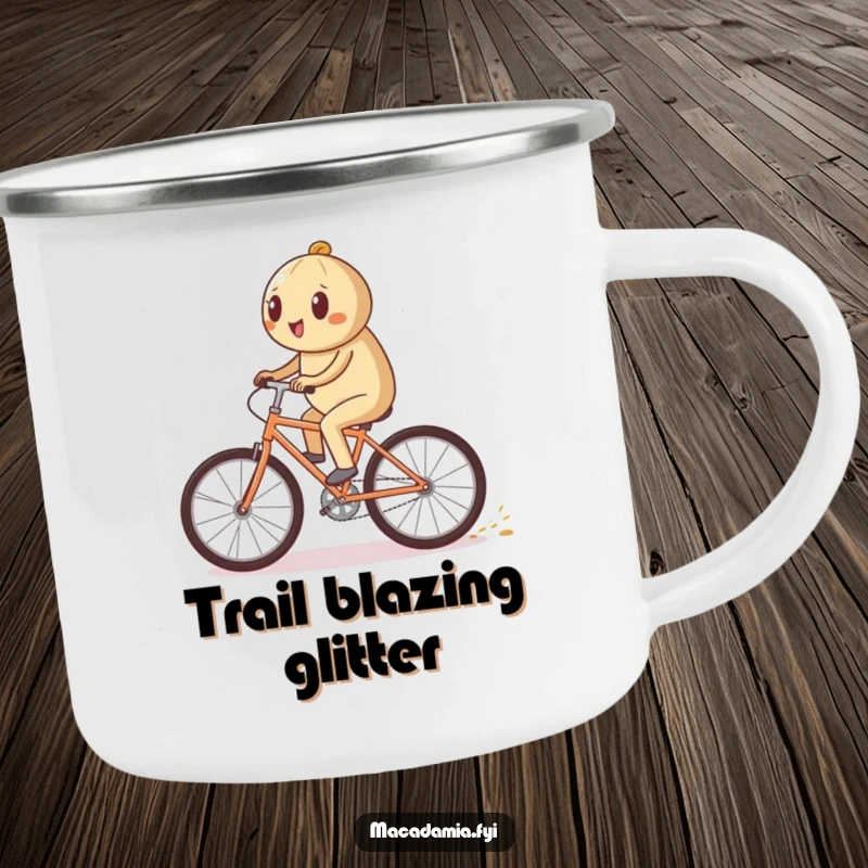 Funny macadamia nut character riding a bicycle quickly on a camping mug, leaving a sparkling trail, an adventurous funny gift.