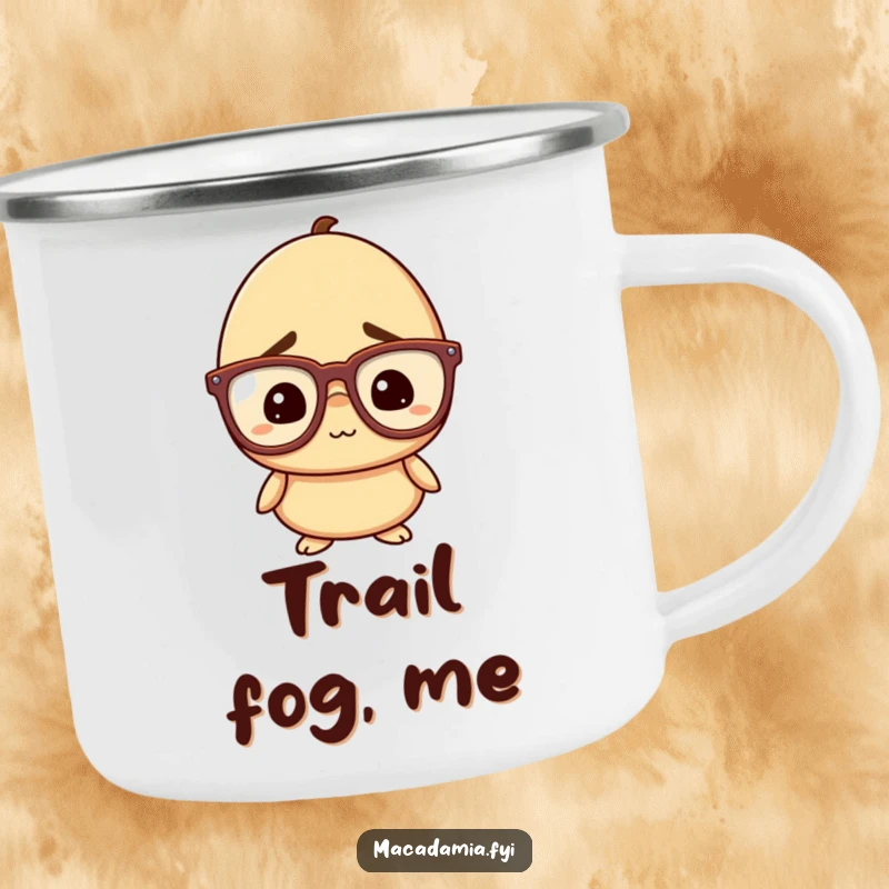 Funny Nut Camping Mug: A macadamia nut character with oversized glasses looks confused but amused, perfect for humorous outdoor adventures.