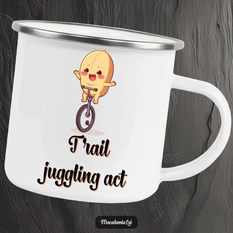 Funny macadamia nut character on a unicycle, ready for adventure, on a durable camping mug.