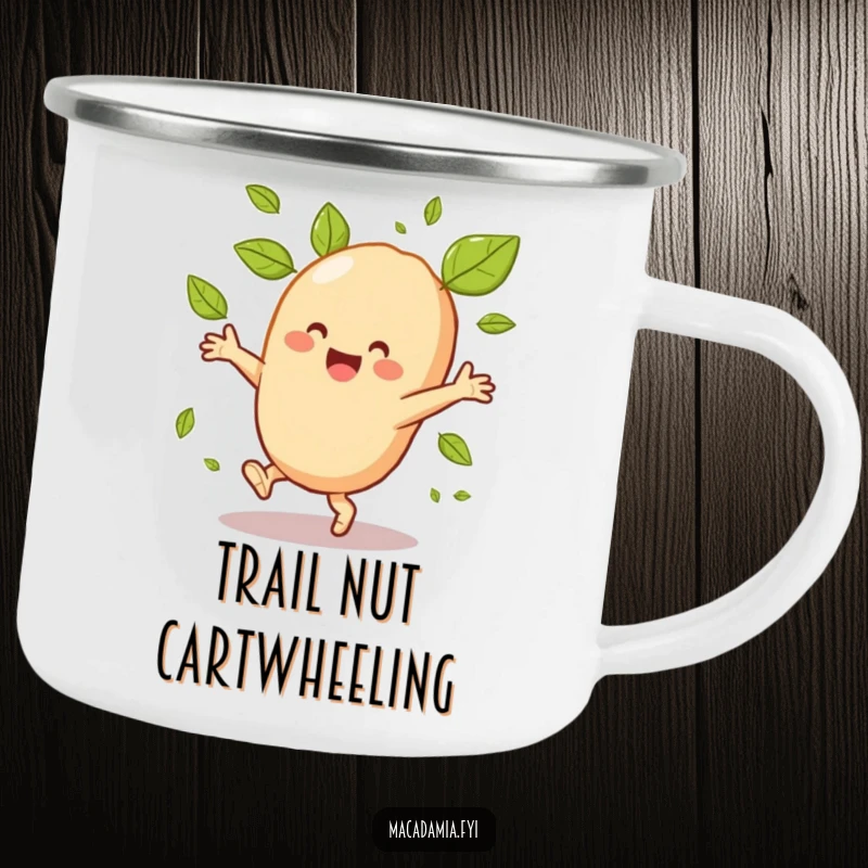 Funny macadamia nut character cartwheeling outdoors, leaves flying, on a durable enamel camping mug.
