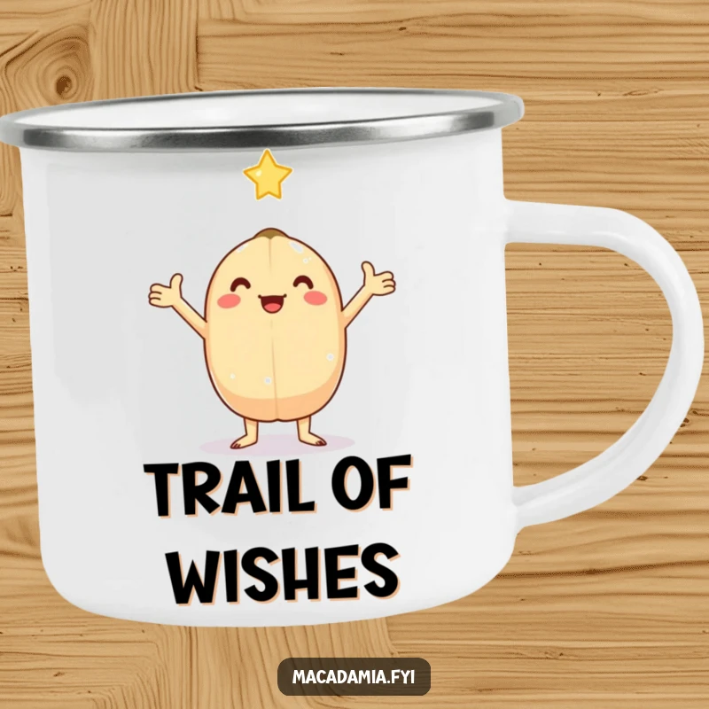 Funny kawaii macadamia nut with arms outstretched, catching a falling star in this durable humorous camping mug.