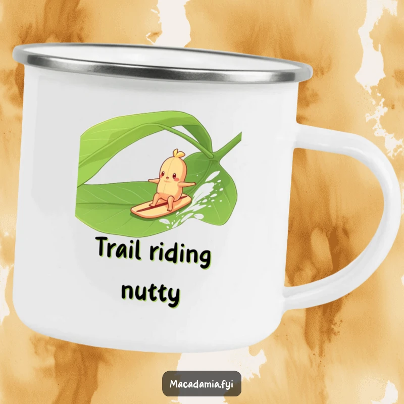 Funny Macadamia Nut character surfing a giant green leaf in a gentle breeze, designed for humorous outdoor enjoyment and durability.