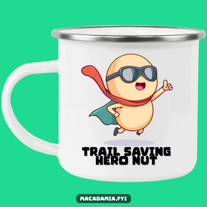 Funny Macadamia Nut Superhero Camping Mug: Heroic Sips Outdoors with this Hilarious Caped Nut Cup