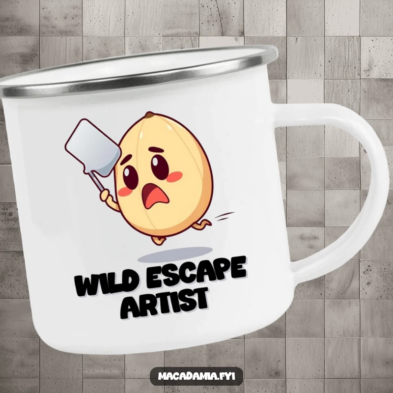 Funny Macadamia Nut Camping Mug showing a surprised nut in mid-air, escaping a flying spatula.