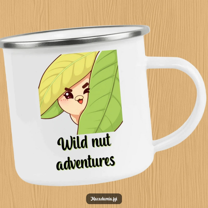 Funny Macadamia Nut Camping Mug with a mischievous nut peeking from behind a leaf and winking at the campfire.