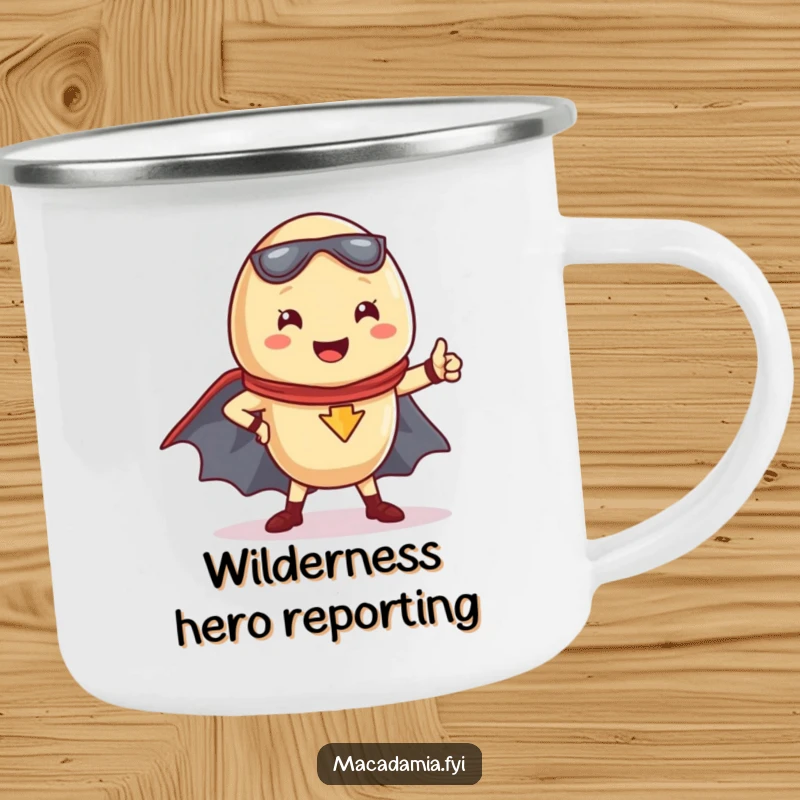Funny Kawaii macadamia nut in superhero pose, cape ready, on a sturdy camping mug for adventures.