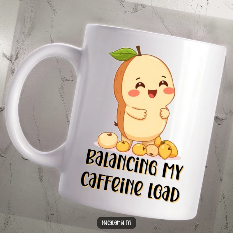 Funny macadamia nut giggling uncontrollably while balancing a precarious stack of tiny fruits on its head, on a mug.