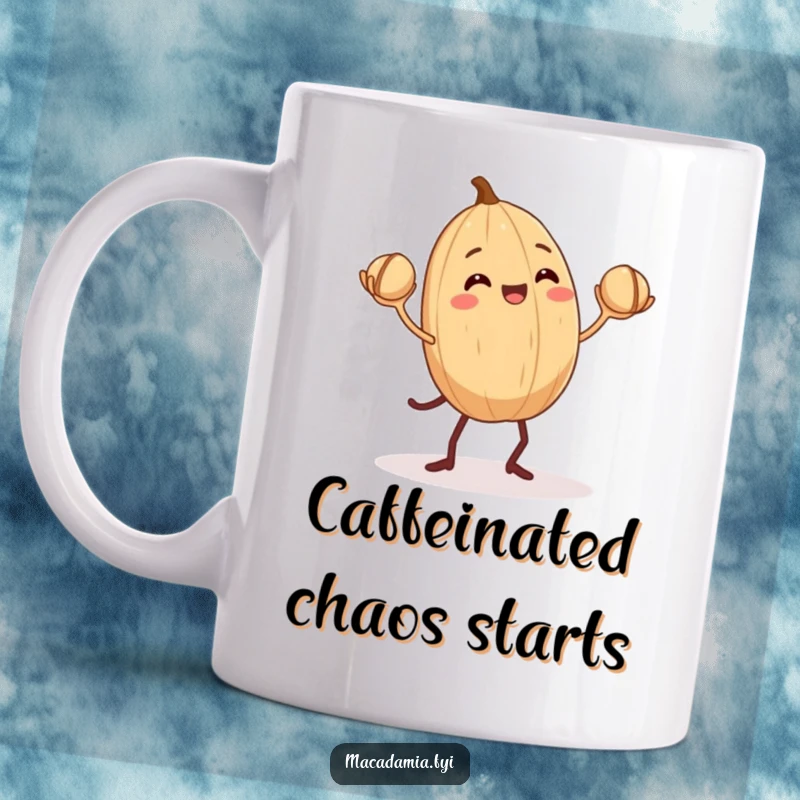 Funny Macadamia Nut Mug: A macadamia nut with tiny legs joyfully juggles three smaller nuts, a scene of nutty delight.