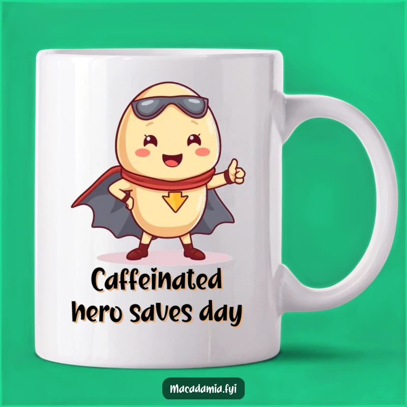 Funny Kawaii Macadamia Nut Superhero Mug: Saving the Day with Delicious Charm