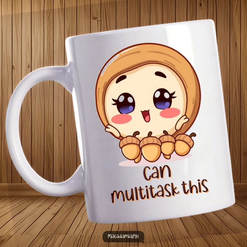 Funny macadamia nut mug with an excited macadamia nut wide-eyed, juggling three miniature acorns with impressive skill.