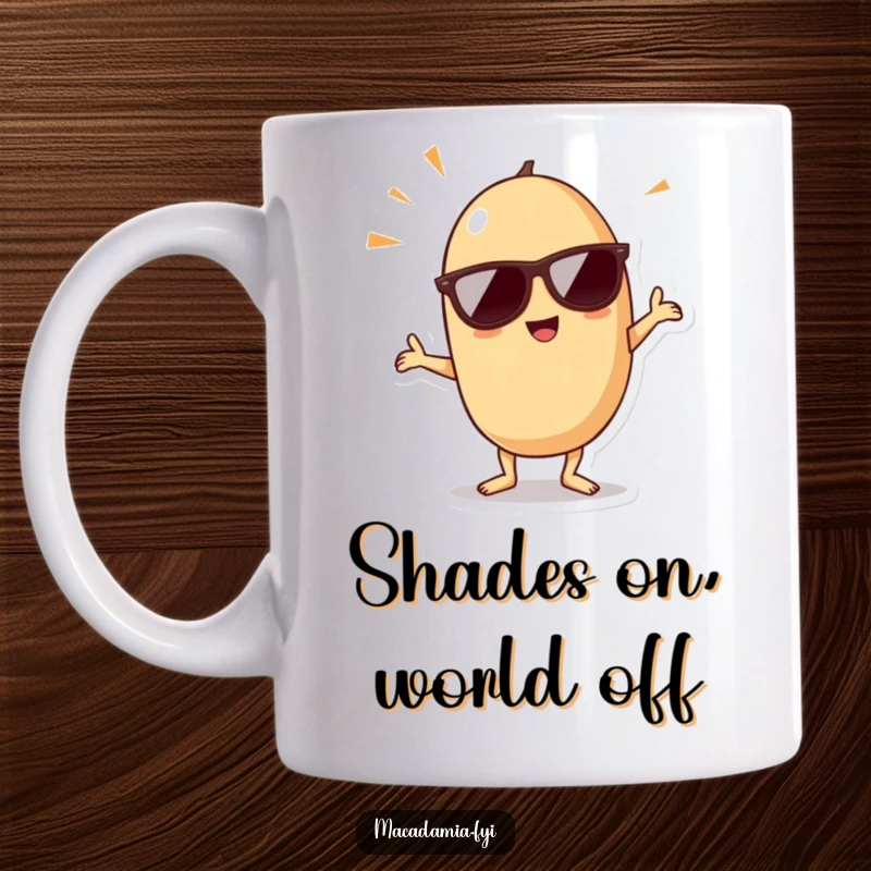 Funny kawaii macadamia nut wearing cool sunglasses and striking a celebratory dance pose, perfect for this humorous mug.
