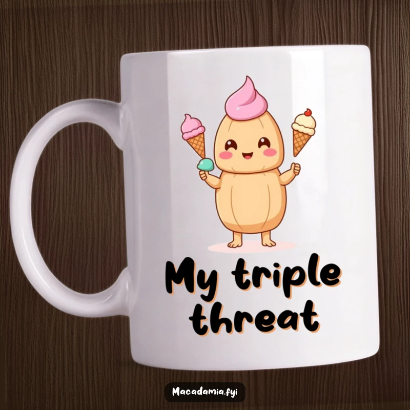 Funny Kawaii macadamia nut happily juggling three tiny ice cream cones, perfect for a cheerful morning coffee mug.