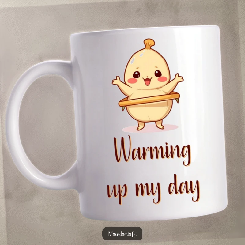 Funny mug with a kawaii macadamia nut happily spinning a hula hoop with a cheerful expression, embodying energetic fun.