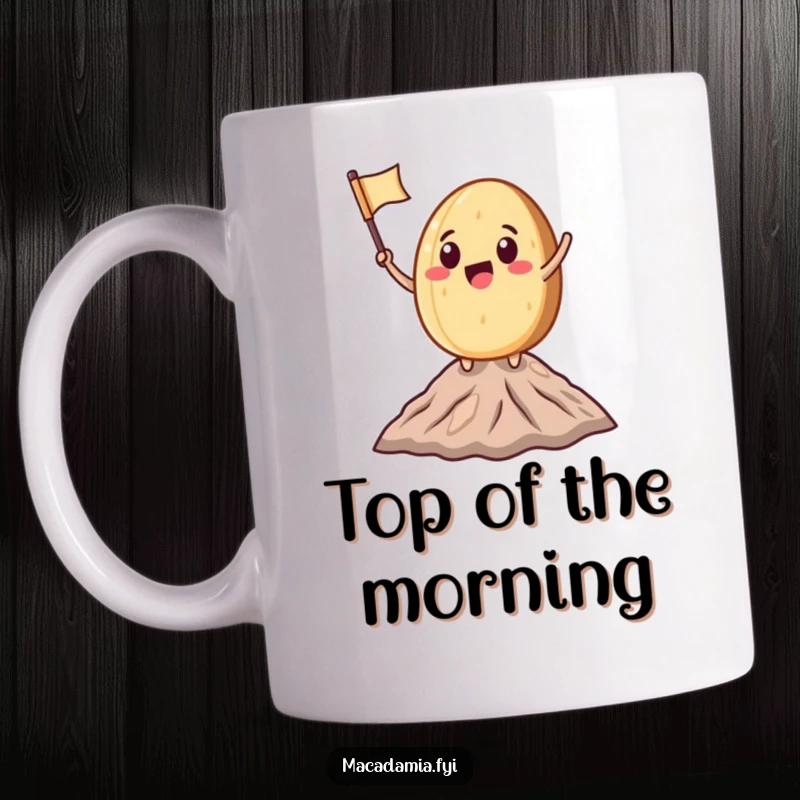 Funny Macadamia Nut character excitedly waving a miniature flag on a tiny mountain peak, symbolizing achievement and humor.