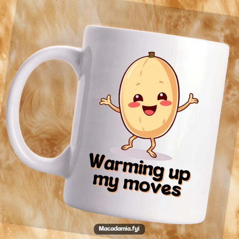 Funny macadamia nut character performing a silly, exaggerated, and energetic dance on a white background.