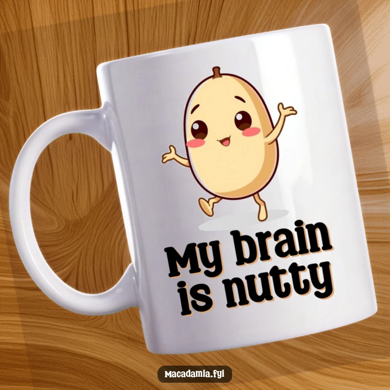 Funny macadamia nut character doing a silly dance with wobbly legs, spilling joy on a mug, great for humor lovers.