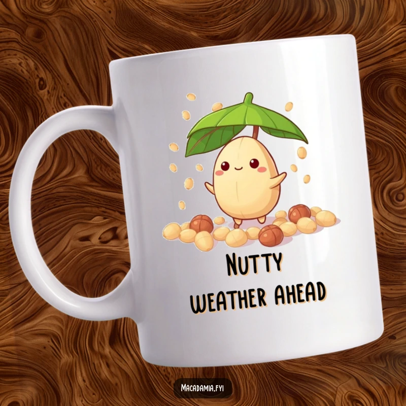 Funny macadamia nut character with leaf umbrella, dodging candy nut drizzle, humorously depicted on a mug for a funny gift.