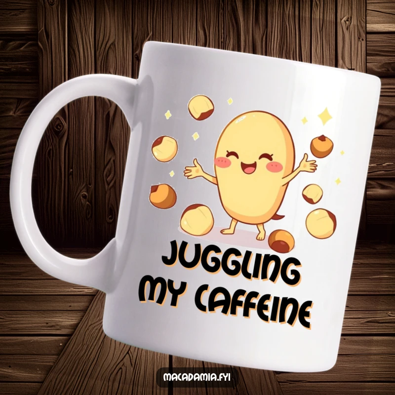 Funny macadamia nut mug featuring a cheerful character expertly juggling several shiny nuts with a happy, energetic expression.