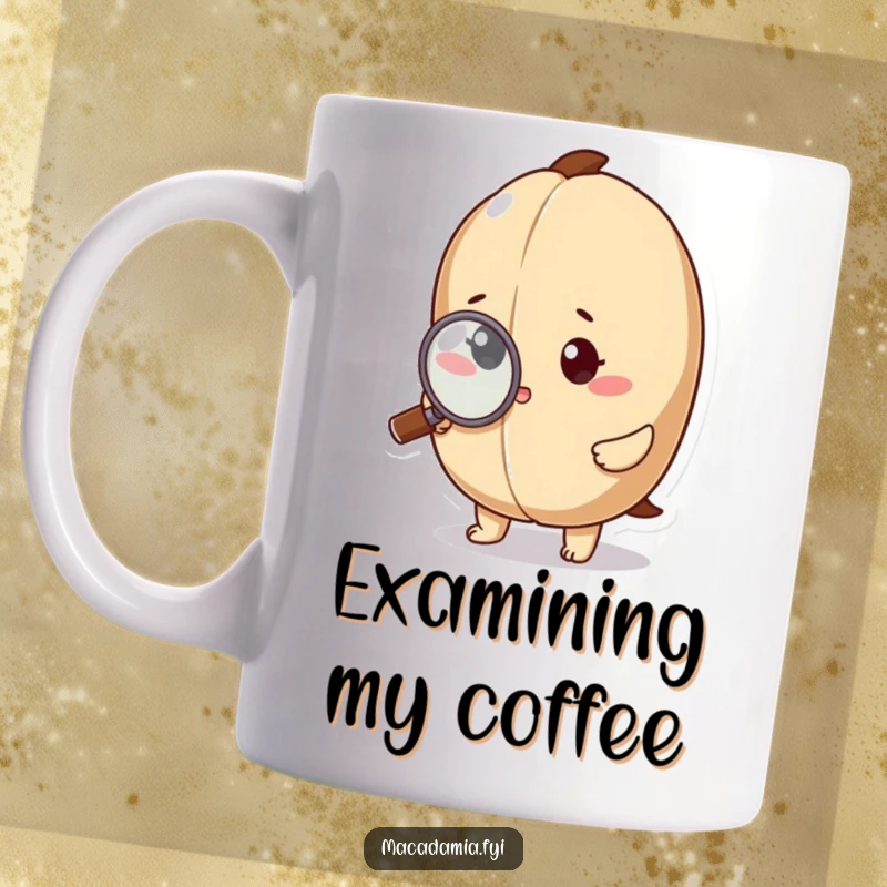 Funny macadamia nut character intently inspecting a minuscule detail with a magnifying glass, looking focused.