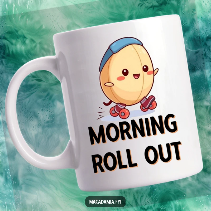 Funny macadamia nut mug with a happy macadamia nut wearing tiny roller skates, joyfully rolling downhill with a smile.