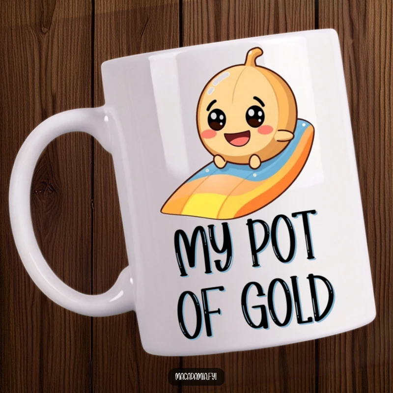 Funny macadamia nut mug with googly eyes joyfully sliding down a vibrant rainbow, embodying pure, silly happiness.