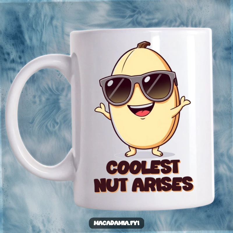 Funny macadamia nut mug featuring a nut with a silly grin wearing oversized sunglasses, striking a playful pose.