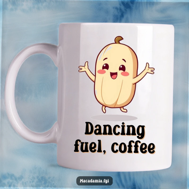 Funny Nut Mug: A macadamia nut character dances joyfully with flailing arms, perfect for a humorous start to your day.