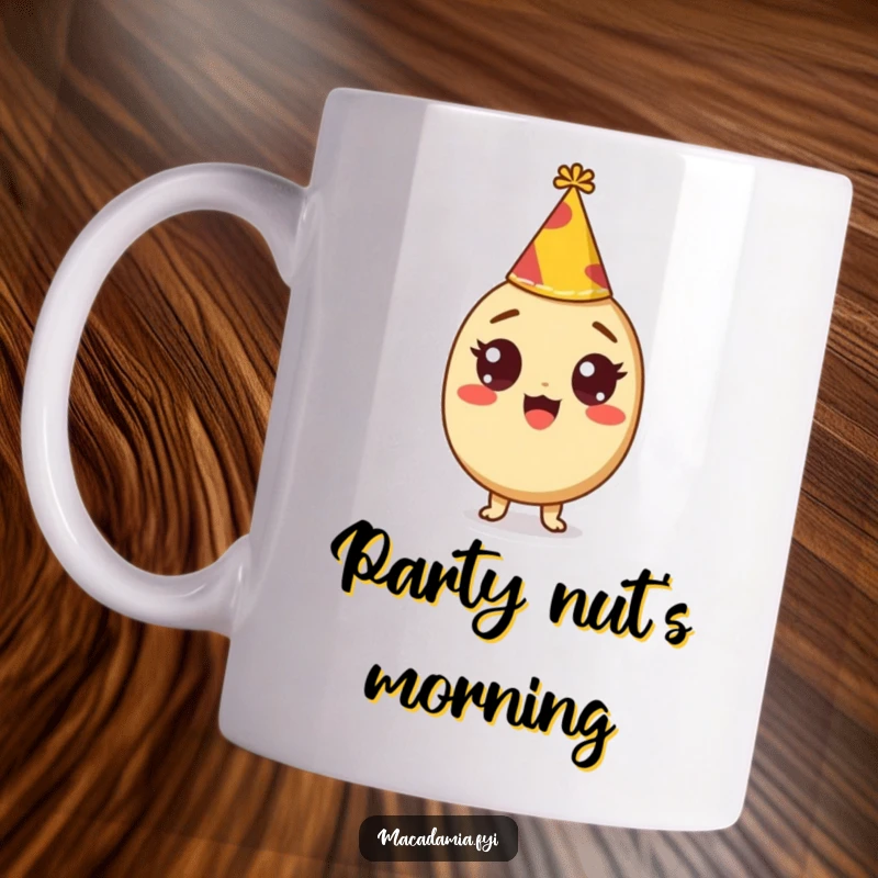 Funny mug with a macadamia nut character wearing a tiny party hat, eyes wide with excitement, ready to celebrate.
