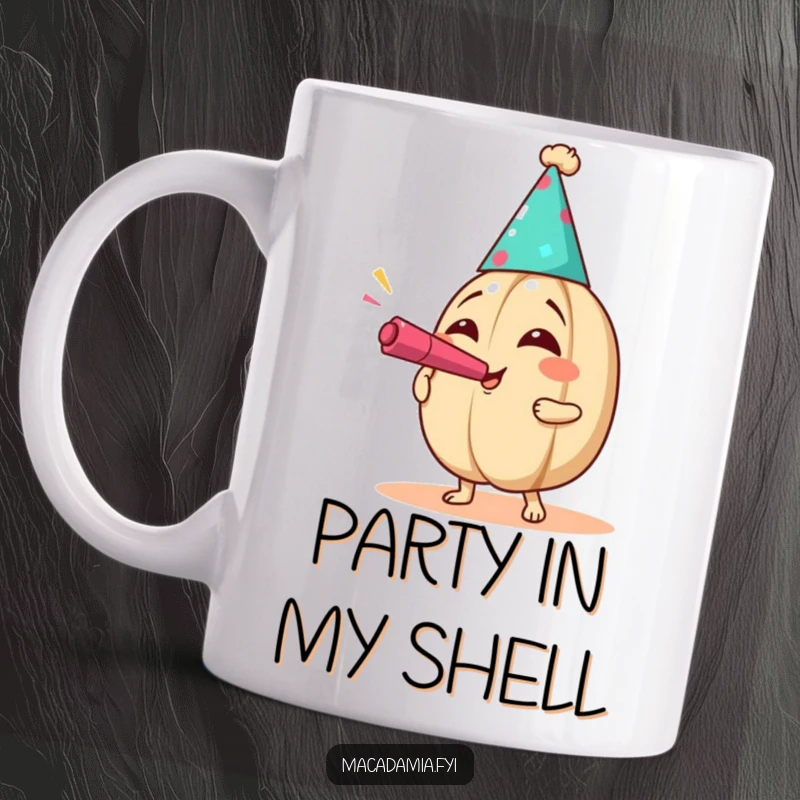 Funny Party Nut Mug featuring a macadamia nut in a party hat, blowing a noisemaker with exaggerated joy and festive spirit.