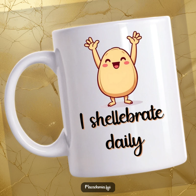 Funny Macadamia Nut Mug showcasing a joyful nut striking a triumphant dance pose with arms raised high.