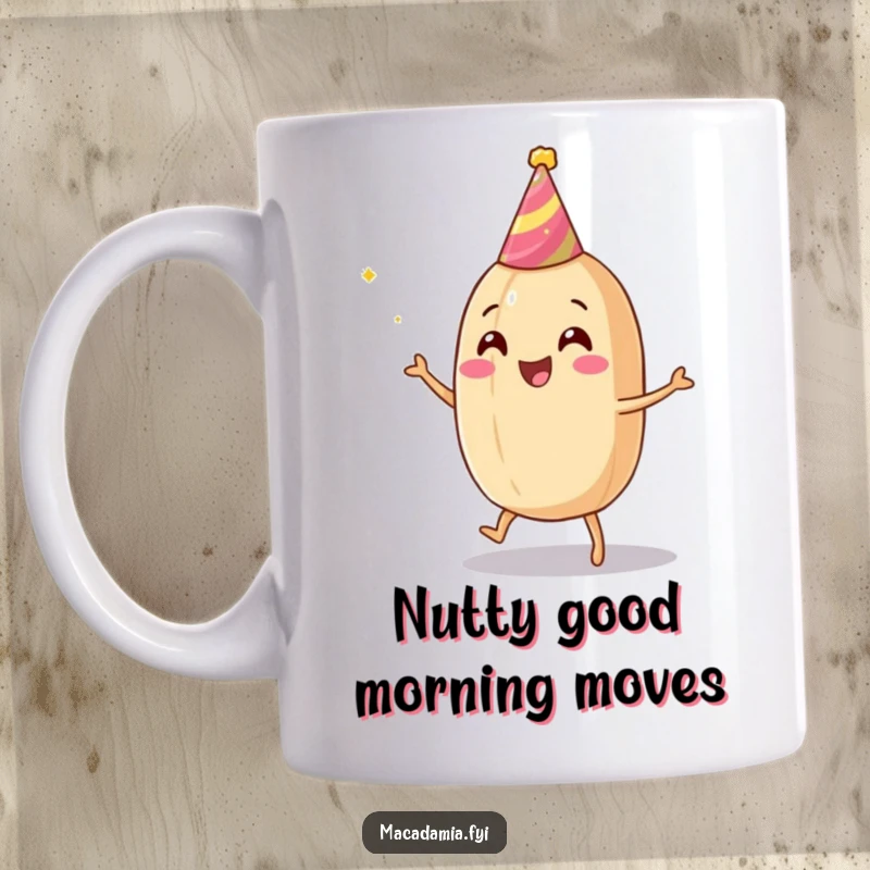 Funny macadamia nut mug featuring a joyful nut in a party hat doing a celebratory dance, spreading happiness.