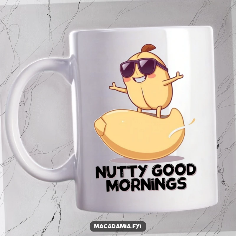 Funny Surfing Nut Mug featuring a grinning macadamia nut in sunglasses surfing on a giant cashew nut, embodying cool.