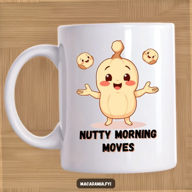 Funny mug with a macadamia nut character happily juggling three tiny, smiling macadamia nuts, showcasing impressive dexterity.