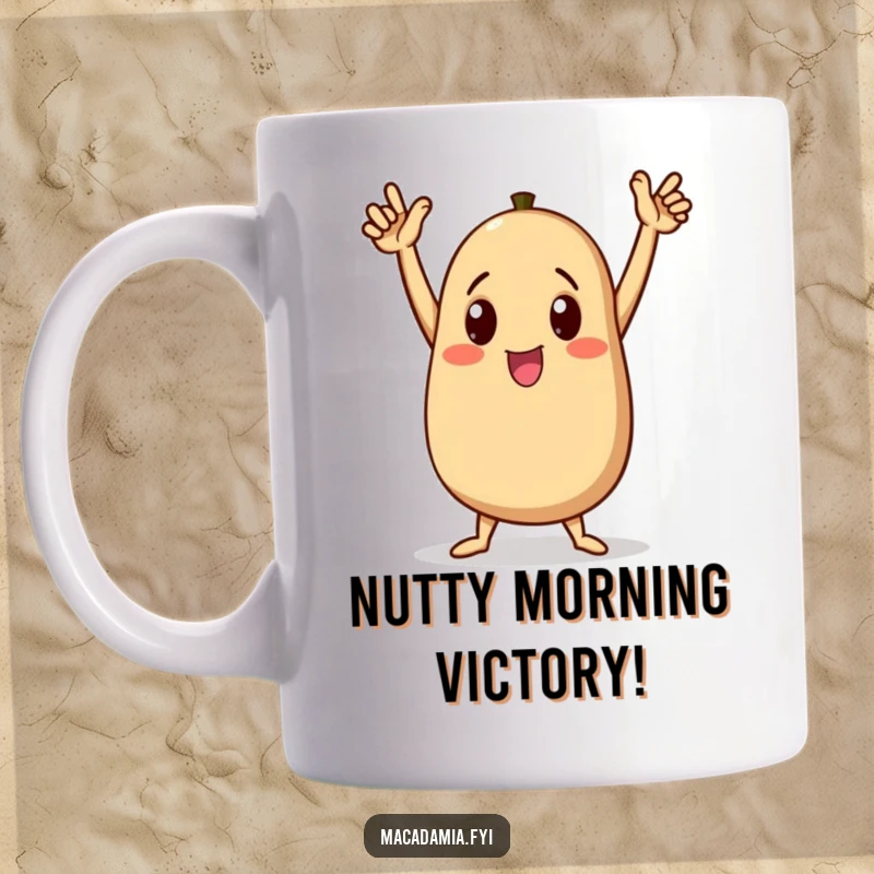 Funny macadamia nut character doing a triumphant dance with arms raised high on a mug, celebrating success, a hilarious funny gift.