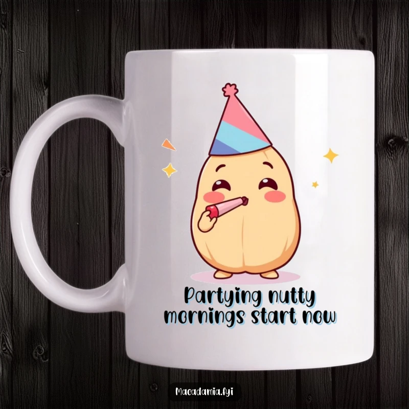 Funny Kawaii macadamia nut wearing a party hat, blowing a noisemaker with pure excitement on a mug.