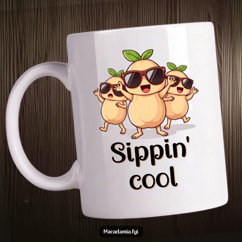 Funny group of macadamia nuts wearing sunglasses and dancing energetically, printed on a coffee mug.
