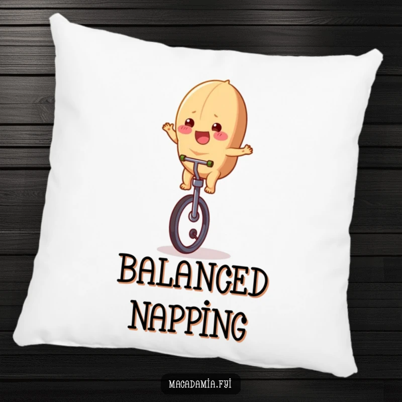 Funny macadamia nut character balancing on a unicycle, designed for a soft and decorative pillow.