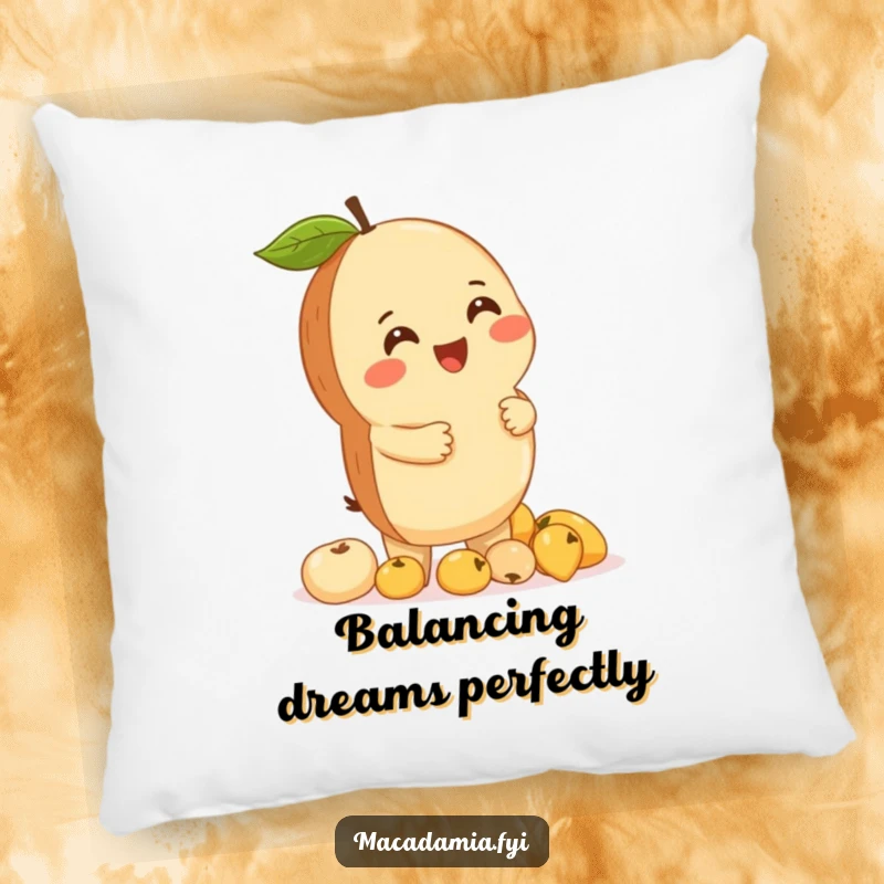 Funny macadamia nut character giggling while balancing a stack of tiny fruits, featured on a soft pillow.