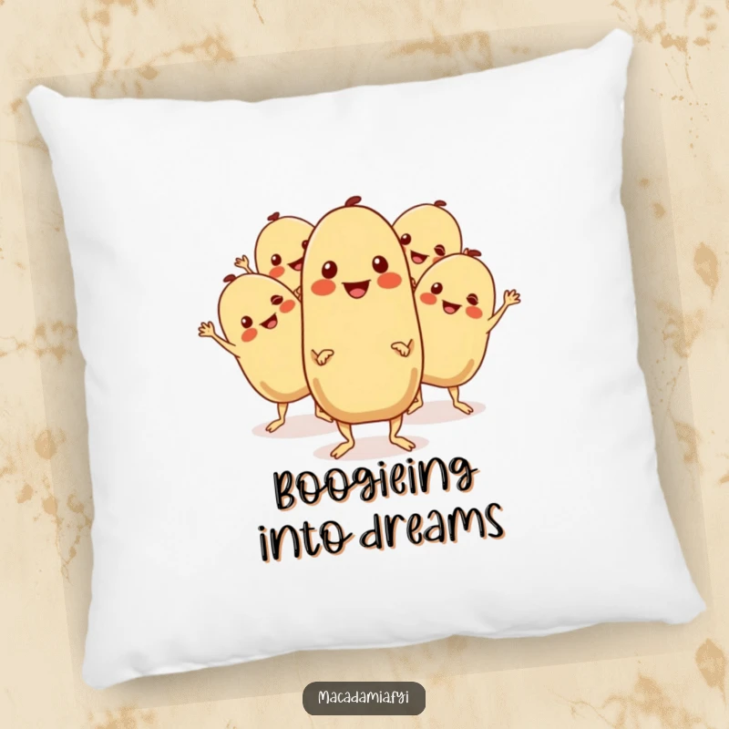Funny Macadamia Nut Pillow: A group of cheerful macadamia nuts boogie with wiggling limbs, bringing festive comfort.