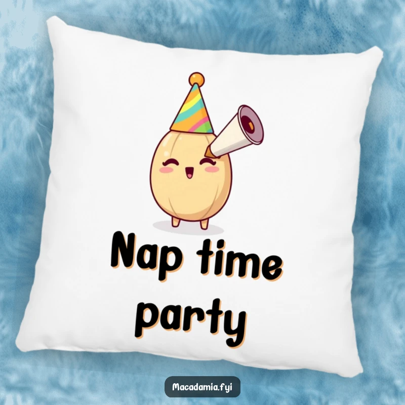 Soft pillow featuring a funny macadamia nut with a party hat blowing a party horn, bringing cozy, nutty cheer.