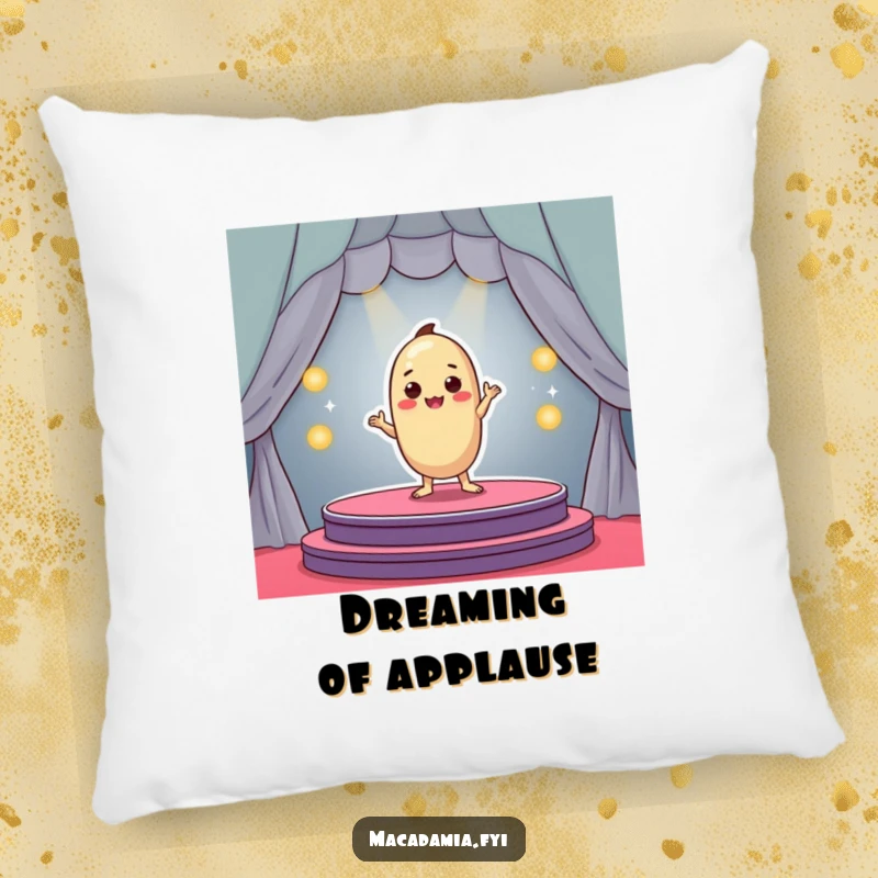 Funny macadamia nut character performing dramatically on a small colorful stage, plush pillow design, lovely funny gift.
