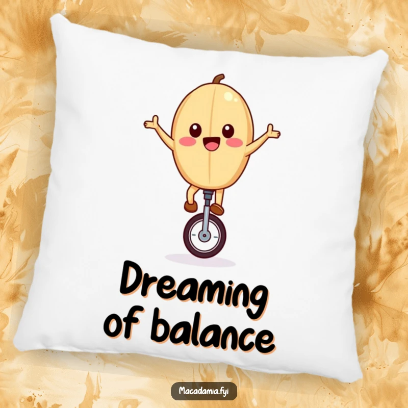 Funny pillow featuring a joyful macadamia nut riding a unicycle, arms outstretched, bringing adventurous humor to decor.