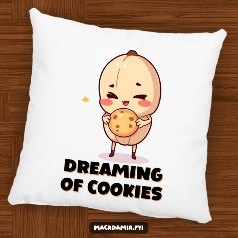 Funny Macadamia Nut character giving a mischievous wink while holding a delicious cookie mid-air, designed for comfortable, humorous relaxation.