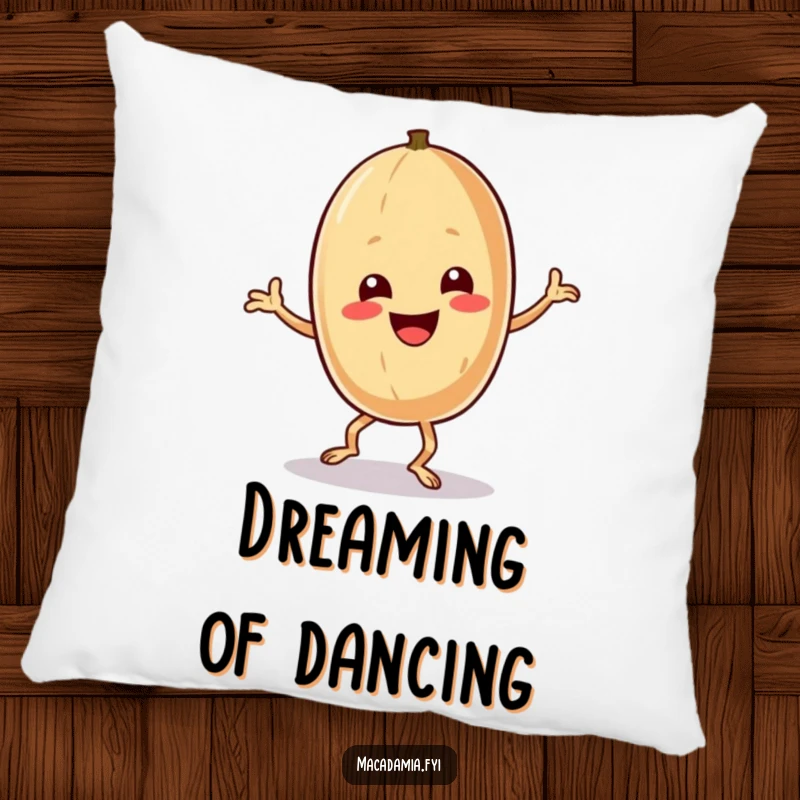 A macadamia nut character is doing a silly, exaggerated dance on a soft, comfortable pillow.